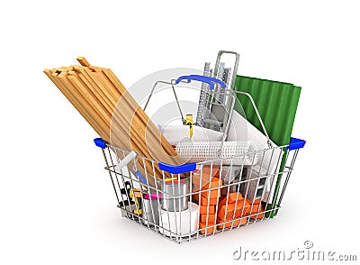 Building materials in the shopping basket Cartoon Illustration