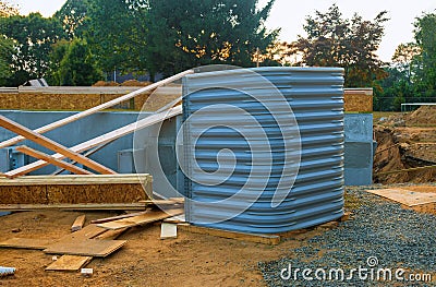 Building materials window well basement for new wood home Stock Photo