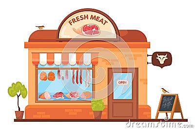 Building meat shop. Sausages market butcher store outdoor, grocery deli buy menu pork steak showcase beef delicatessen Vector Illustration