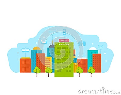 Building is modern hotel, with the surroundings, nearby city infrastructure. Vector Illustration