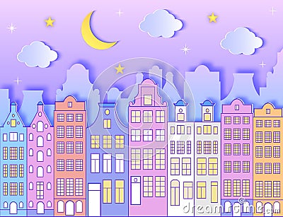 Building, moon,stars and clouds. Vector Illustration