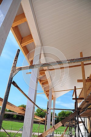 Building new roof for terrace. Install Soffit and Fascia. Roofing Construction. Stock Photo