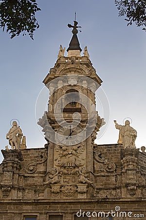 Building of the old bank of Valencia. Fragment of the facade of the Santos Juanes church in Valencia Iglesia de los Santos Juan Editorial Stock Photo