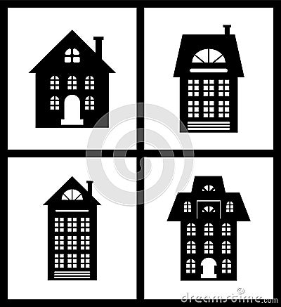 Building Old Fashioned Houses Silhouettes Set Vector Illustration