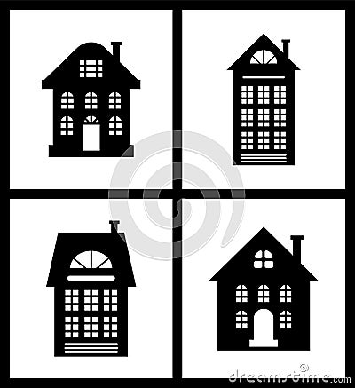 Building Old Fashioned Houses Silhouettes Set Vector Illustration