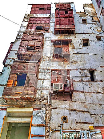 Old Building with Antique Wooden Windows, Historical District, Jeddah, Saudi Arabia Stock Photo