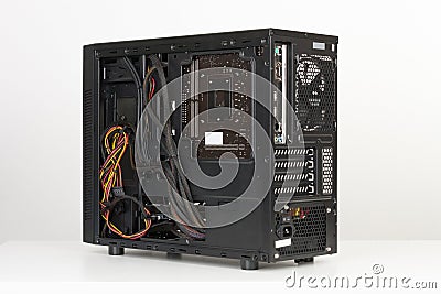 Building of PC, back view without side panel Stock Photo