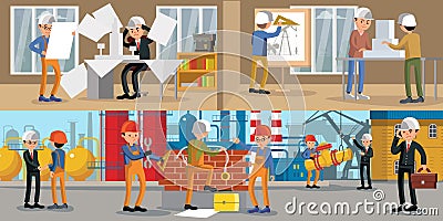 Building People Horizontal Banners Vector Illustration