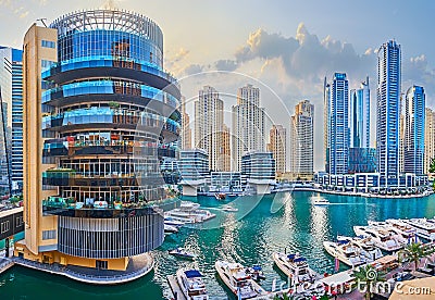 The building of Pier 7 restaurant complex, Dubai Marina, UAE Editorial Stock Photo