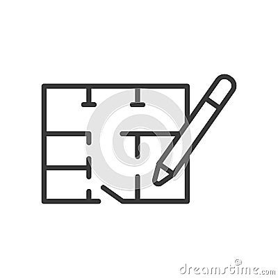 Building plan, icon in line design. Building, plan, blueprint, design, structure, construction, architecture on white Vector Illustration