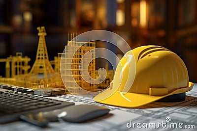 Building with precision, Blueprint, yellow helmet, and computer at construction site Stock Photo