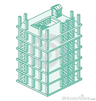 Building process concept. Construction of skyscraper. Process of building multi-storey building. Urban architecture. Outline style Cartoon Illustration