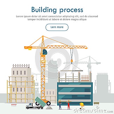 Building Process. Unfinished Building. Crane. Vector Illustration