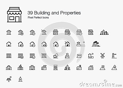 39 Building Properties Pixel Perfect Icons (line style) Vector Illustration