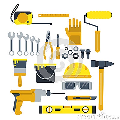 Building or repair tools, work helmet, hammer, paint gloves and other industrial vector icons set Vector Illustration