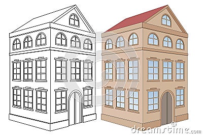 Building. Residential house, 3 floors. Outine and colored drawing Vector Illustration