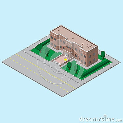 Building, school state ucherezhdeny with the flag and the road. vector image Vector Illustration