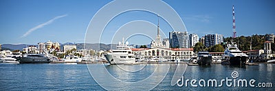 The building of the seaport of Sochi Russia and the pier with boats on a clear Sunny day October 15 2019 Editorial Stock Photo