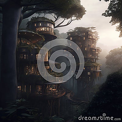 Building a Self-Made Tree House and Connecting with Nature, generative ai Stock Photo