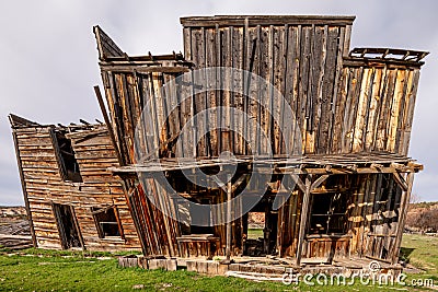 Building from the set of Gunsmoke leaning and ready to fall down from age Stock Photo