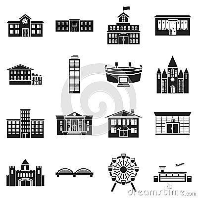 Building set icons in black style. Big collection building vector symbol stock illustration Vector Illustration