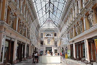 The building of the shopping center `Passage`. It is located on the corner of the streets of Preobrazhenskaya and Deribasovskaya. Editorial Stock Photo