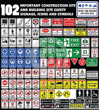 Building site, construction environments, Hazard warning attention sign, Industry Health and Safety Icon collection. Vector Illustration