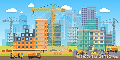 Building site. Construction work big area, special machines crane, concrete mixer and truck, engineers builders people Stock Photo