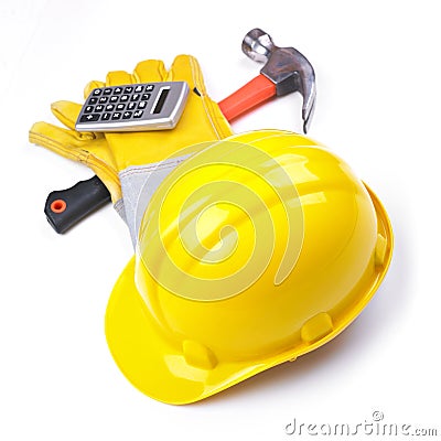 Building site - Hardhat Hammer Gloves Calculator Stock Photo