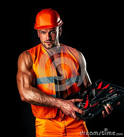 Building skills and construction. Handyman with tools belt and artisan equipment. Stock Photo