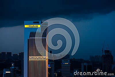 Building skyscraper maybank at sunset rain clouds. Gorgeous views of the landscapes of Kuala Lumpur Editorial Stock Photo