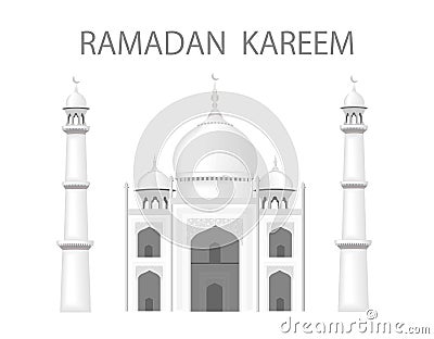 The building is in the style of the Taj Mahal temple. The inscription congratulations with Ramadan. Black and white Vector Illustration