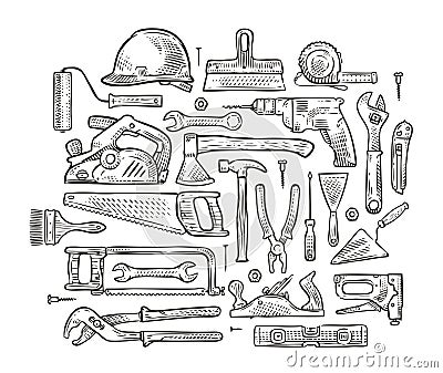 Building tools hand-drawn sketch. Construction vector illustration Vector Illustration