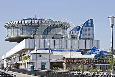 Building of the Volgograd river port on the lower terrace, Central promenade of the city Editorial Stock Photo