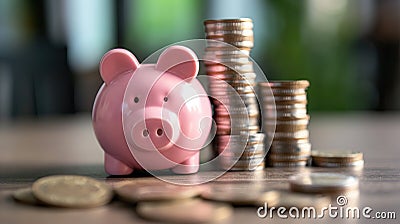 Building Wealth: Coins and Piggybank Savings Concept Stock Photo