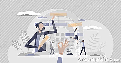 Building website project as programming homepage process tiny person concept Vector Illustration