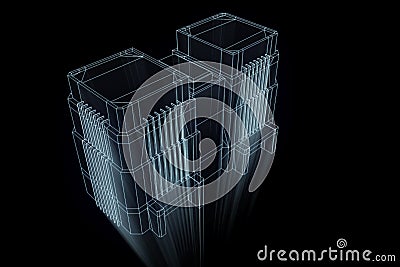 Building in Wireframe Hologram Style. Nice 3D Rendering Stock Photo