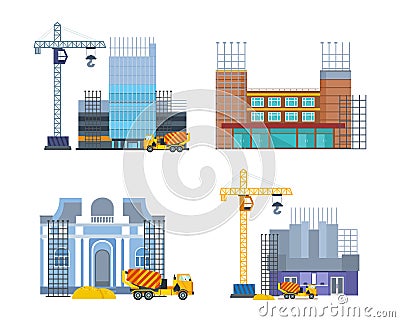 Building work process with houses and construction machines. City, house. Vector Illustration