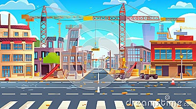 Building work on a street with a tower crane. Modern cartoon cityscape, urban landscape with houses, unfinished Stock Photo