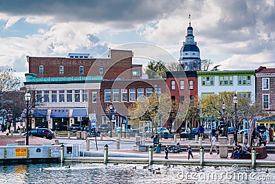 Buildings along Annapolis Harbor and the Maryland State House in Annapolis, Maryland Editorial Stock Photo