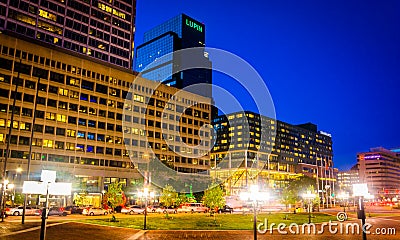 Buildings along Pratt Street at night in Baltimore, Maryland. Editorial Stock Photo