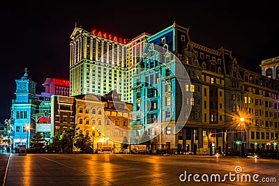 Buildings on the boardwalk at night in Atlantic City, New Jersey Editorial Stock Photo