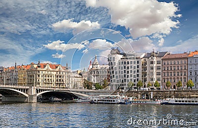 Buildings and bridge on Vltava riverside in Prague Editorial Stock Photo