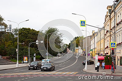 Buildings, cars and people in Prechistenka street 07.08.2018 Editorial Stock Photo