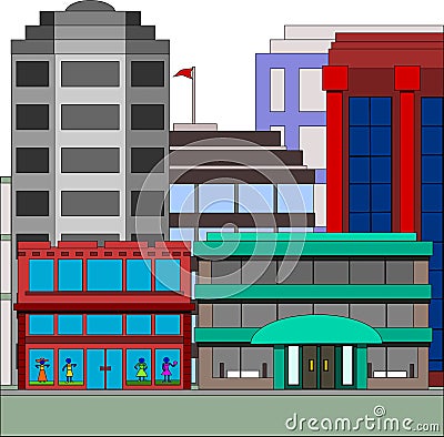 Buildings in the city with clothing store Vector Illustration