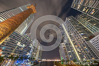 Buildings in the city at night. Long exposure photo of Downtown Miami and Brickell Editorial Stock Photo