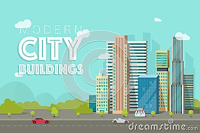 Buildings city vector illustration, flat skyscrapers near forest trees panorama, cityscape architecture, urban street Vector Illustration