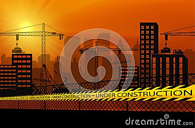 Buildings with cranes and under construction caution barrier tapes Vector Illustration