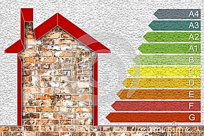 Buildings energy efficiency. Concept image with home thermally insulated with polystyrene walls and energy classes according to Stock Photo