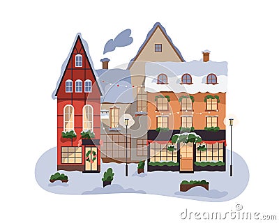 Buildings exterior in snow in European city at Christmas, winter holiday. Xmas houses facades with festive decoration Cartoon Illustration